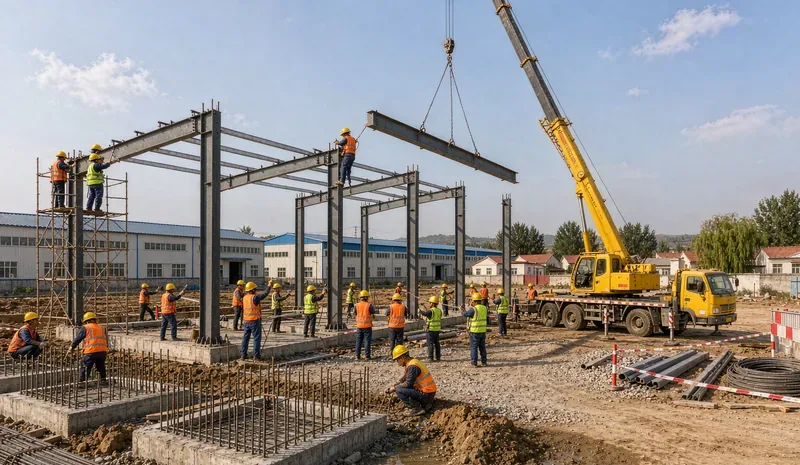 厂房建设工程，钢结构主体吊装与混凝土基础承台施工