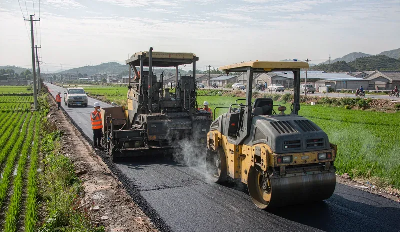 道路修建施工现场，压路机正在压实新铺沥青路面