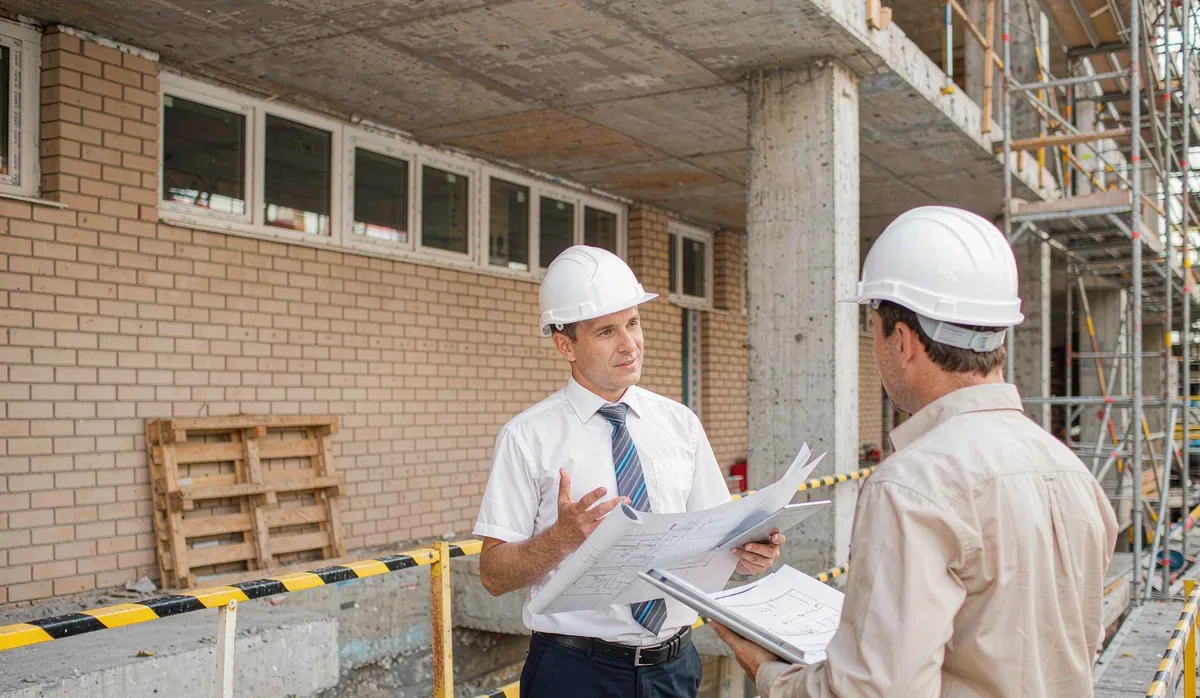 郎溪红庙建筑工程队工程管理人员在现场检查施工质量
